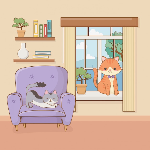 Vector mascota de gatos pequeños en la habitación de la casa