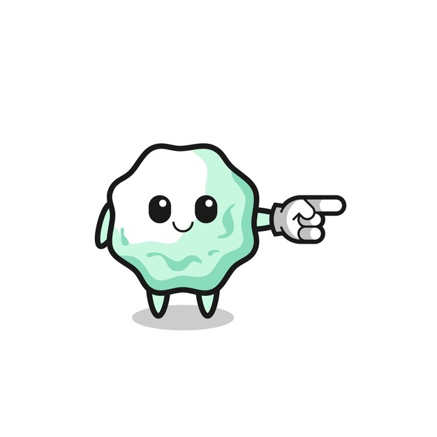 Mascota de goma de mascar con gesto hacia la derecha
