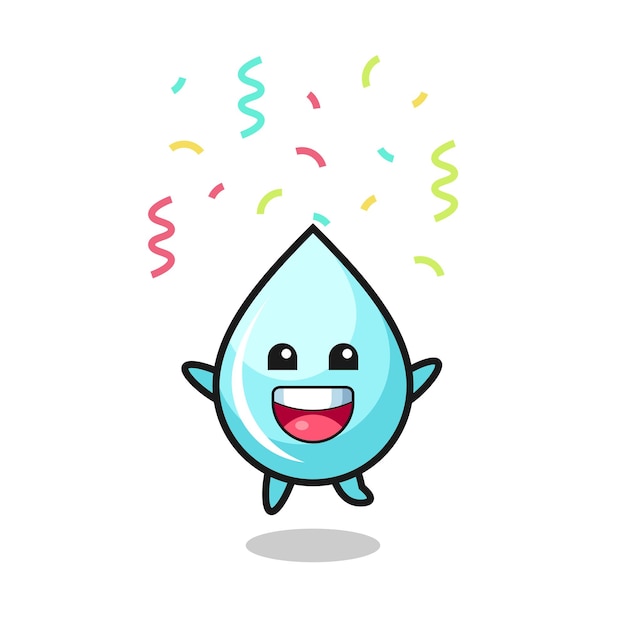 Vector mascota de gota de agua feliz saltando de felicitación con confeti de colores