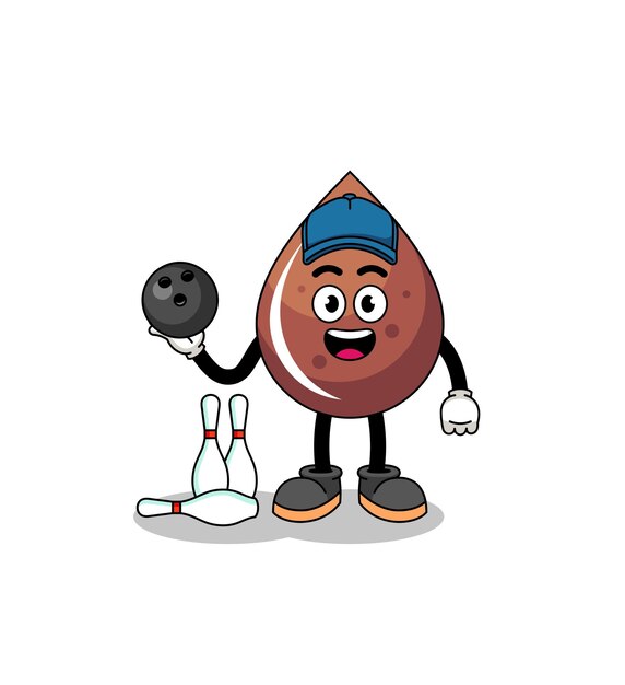 Mascota de gota de chocolate como jugador de bolos