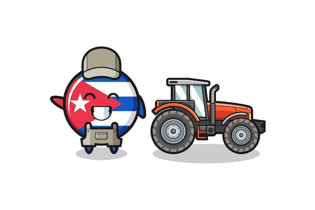 La mascota del granjero de la bandera de cuba de pie junto a un tractor