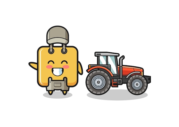 La mascota del granjero de la bolsa de compras de pie junto a un tractor