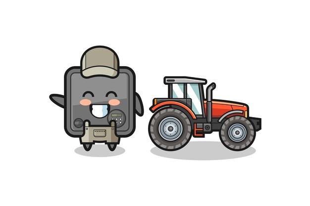 Vector la mascota del granjero de la caja de seguridad parada al lado de un tractor