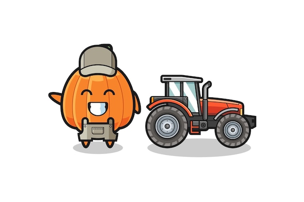 Vector la mascota del granjero de calabazas parada al lado de un tractor