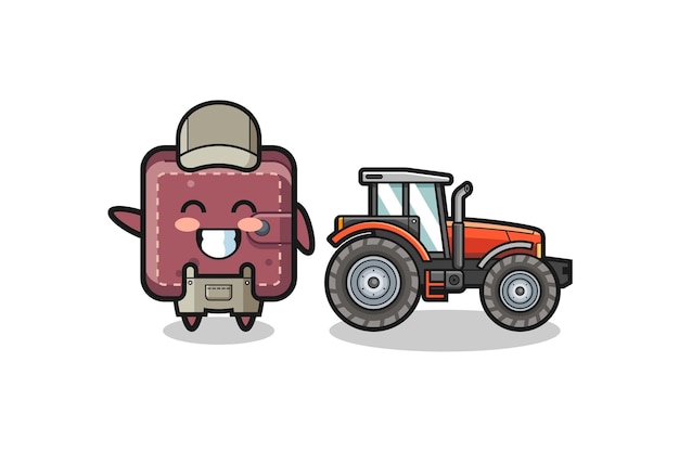 La mascota del granjero de la cartera de cuero parada al lado de un tractor