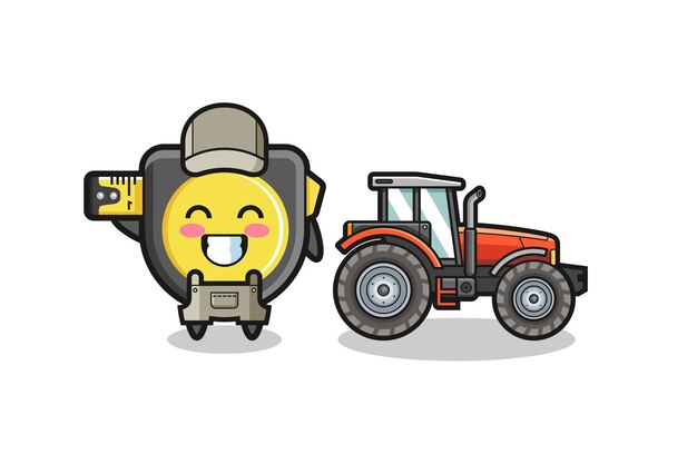 Vector la mascota del granjero de cinta métrica de pie junto a un tractor