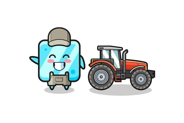 La mascota del granjero de cubitos de hielo de pie junto a un tractor, diseño lindo