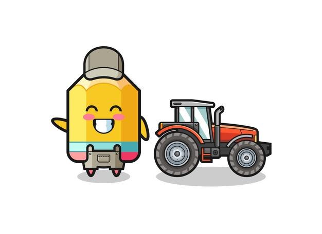 La mascota del granjero de lápiz de pie junto a un tractor