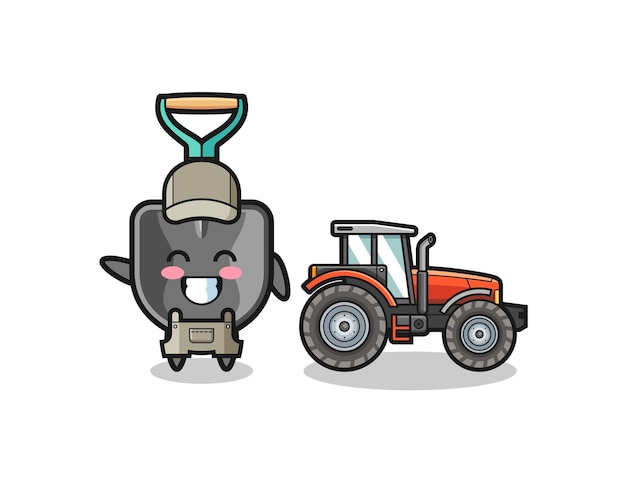 La mascota del granjero de la pala de pie junto a un diseño lindo del tractor