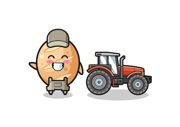 La mascota del granjero de pan francés parada al lado de un tractor