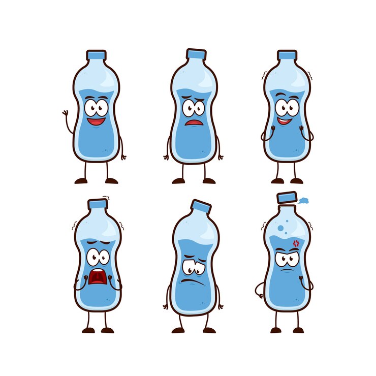 Vector la mascota de la historieta del carácter de la botella de agua mineral establece la pose de expresión en estilo divertido
