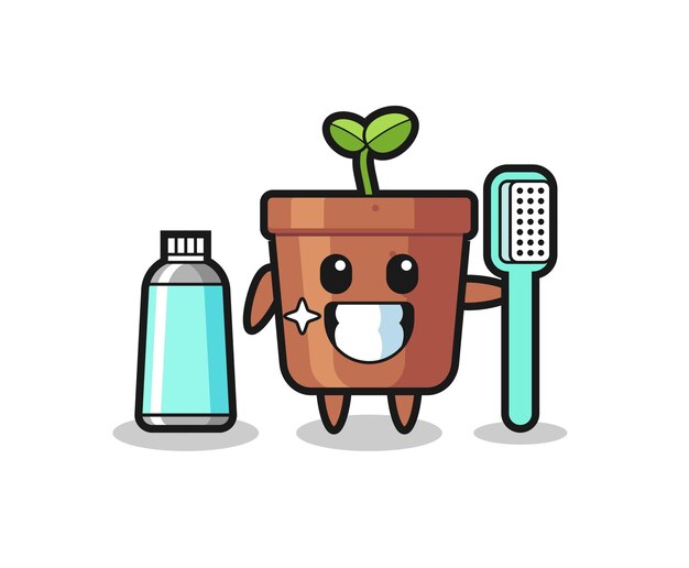 mascota, ilustración, de, maceta, con, un, cepillo de dientes