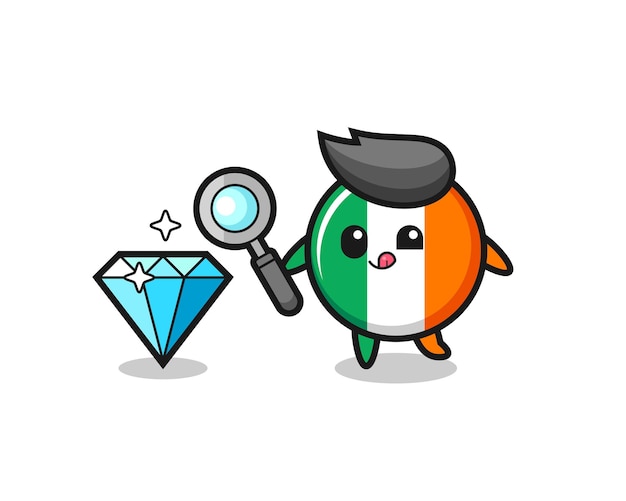 La mascota de la insignia de la bandera de irlanda está comprobando la autenticidad de un diamante