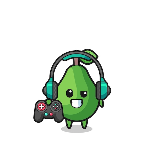 Mascota de jugador de aguacate sosteniendo un controlador de juego, diseño lindo