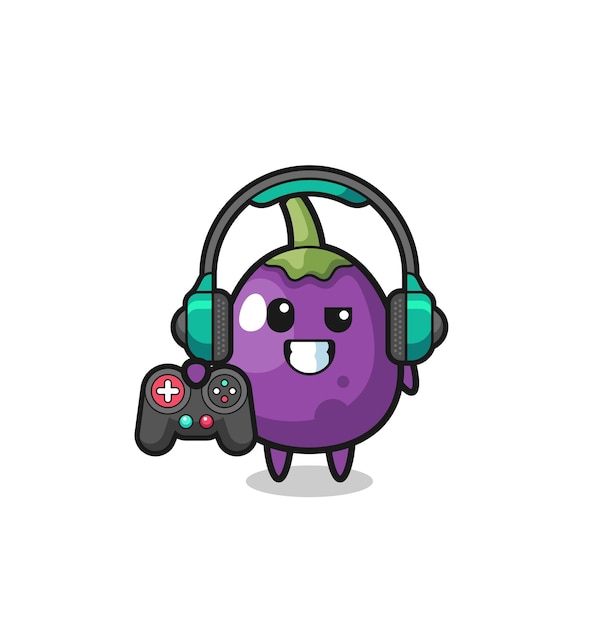 Mascota de jugador de berenjena con un lindo diseño de controlador de juego