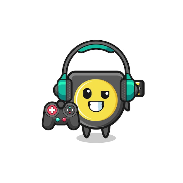 mascota de jugador de cinta métrica sosteniendo un controlador de juego