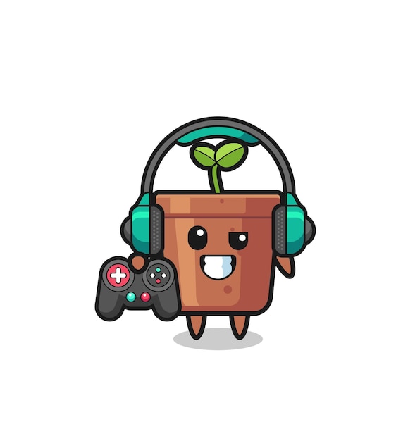 Mascota de jugador de maceta con un lindo diseño de controlador de juego
