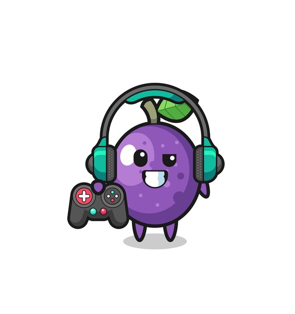 Mascota de jugador de maracuyá sosteniendo un controlador de juego