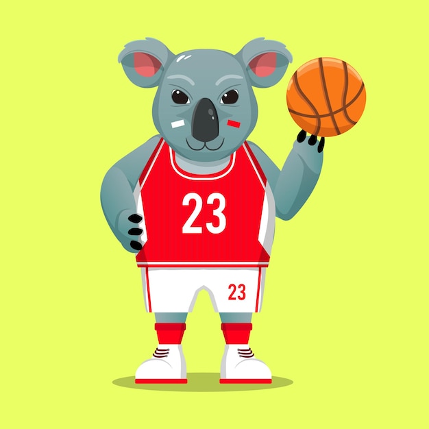 Mascota de koala de dibujos animados con traje deportivo de baloncesto