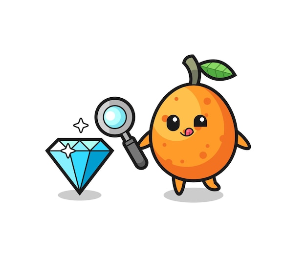 La mascota de kumquat está comprobando la autenticidad de un diamante, diseño de estilo lindo para camiseta, pegatina, elemento de logotipo