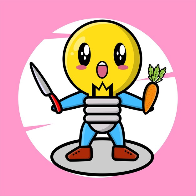 Mascota de la lámpara de dibujos animados que sostiene un cuchillo y una zanahoria en un estilo lindo para el elemento del logotipo de la pegatina de la camiseta, etc.