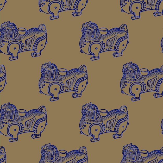 Mascota de león chino Vector patrón sin costura Textura art deco vintage Ideal para tarjeta de felicitación o diseño de plantilla de fondo Fondo de China