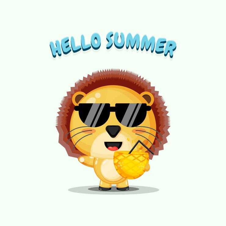Vector mascota león lindo que lleva jugo de piña con saludos de verano