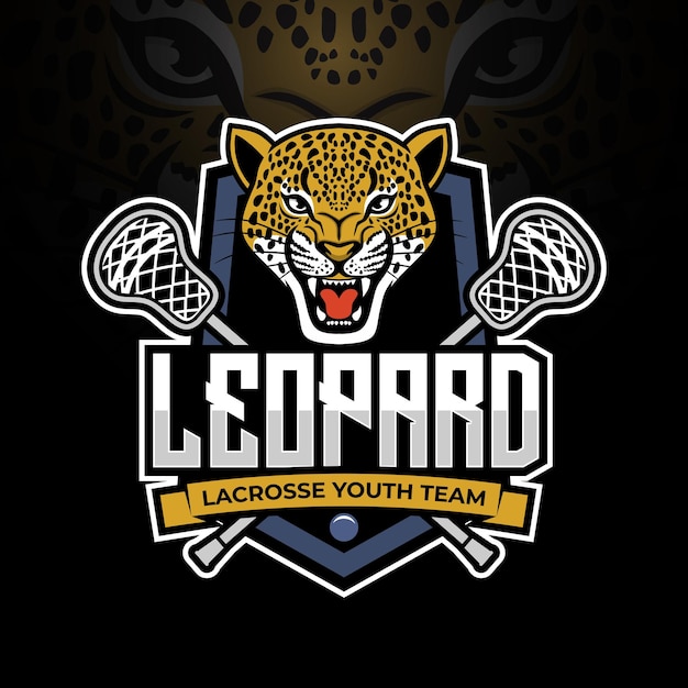 Vector mascota de leopardo para el diseño del logotipo del equipo de lacrosse con una combinación de palo de escudo y bola de lacrosse con ilustración moderna