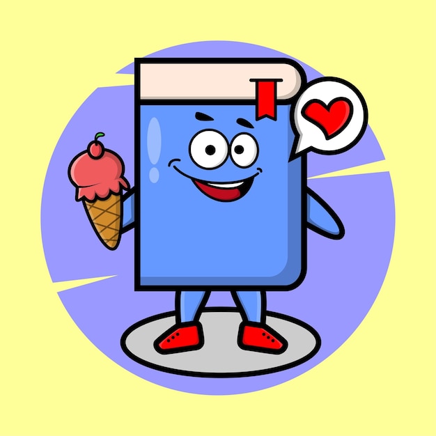 Vector mascota de libro de dibujos animados con diseño de estilo lindo de cono de helado para elemento de logotipo de etiqueta de camiseta