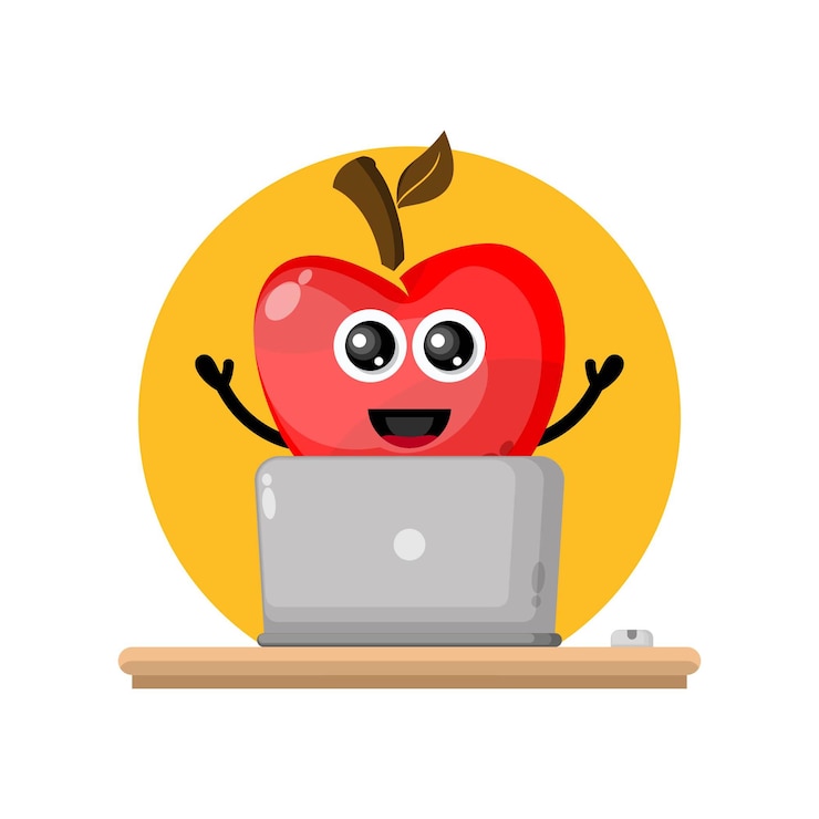 Vector mascota linda del carácter de la computadora portátil de la fruta de apple