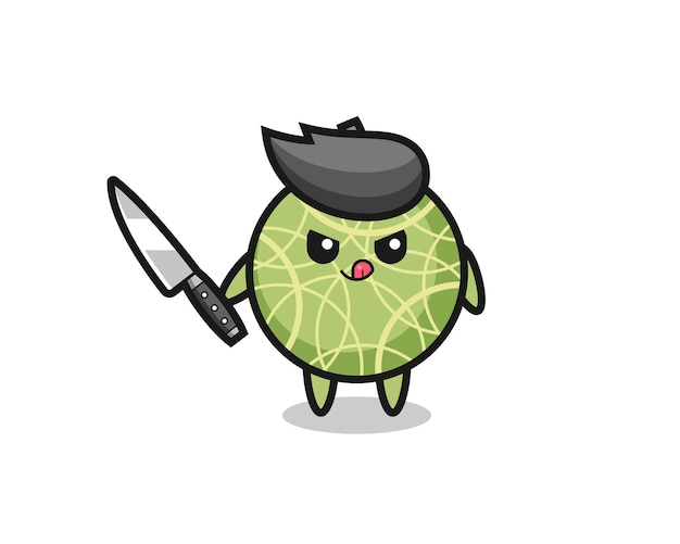 Mascota linda de la fruta del melón como psicópata que sostiene un cuchillo