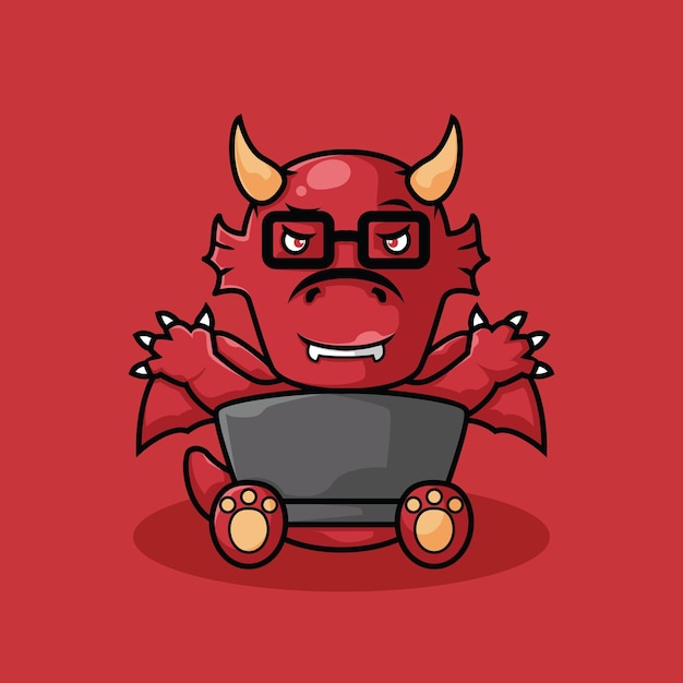 Vector mascota linda de la ilustración del dragón rojo que trabaja con la computadora portátil