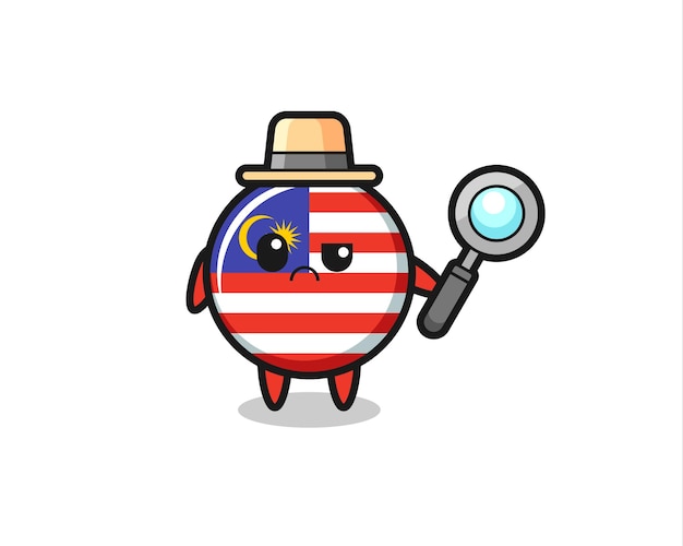 La mascota de la linda insignia de la bandera de malasia como detective, diseño de estilo lindo para camiseta, pegatina, elemento de logotipo