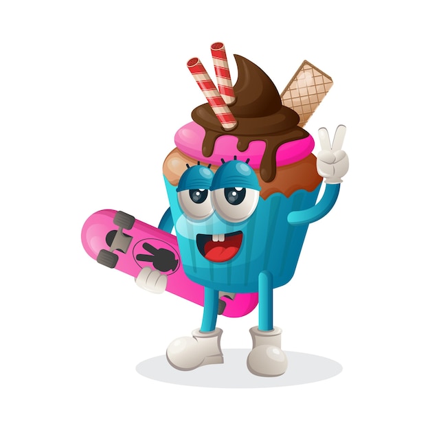 Mascota linda de la magdalena que lleva una patineta