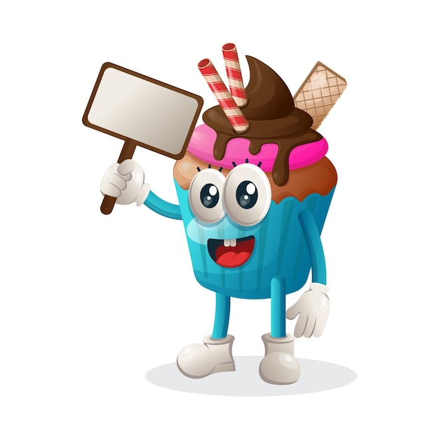 Mascota linda de la magdalena que sostiene las vallas publicitarias para el letrero de la venta