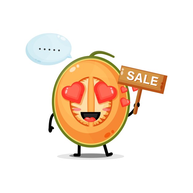 Mascota linda del melón con el cartel de ventas