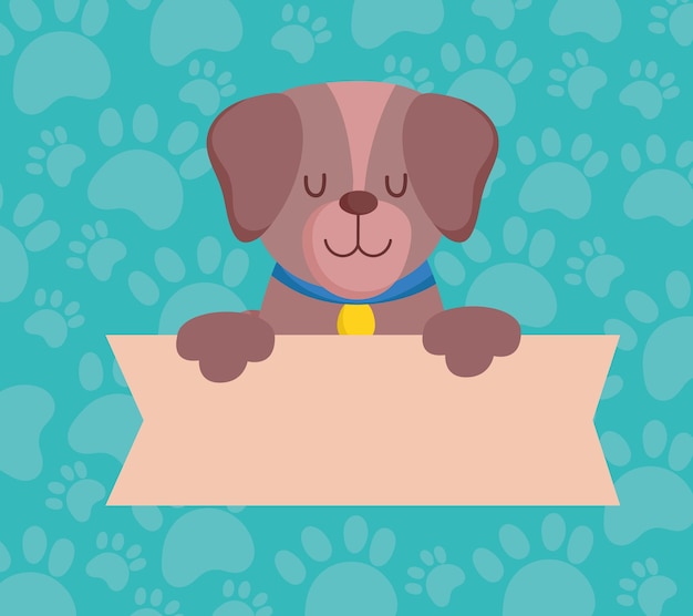 Vector mascota lindo perro con banner, ilustración de vector doméstico de dibujos animados de animales