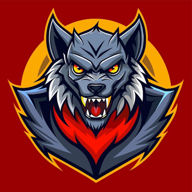 Una mascota de lobo con una expresión feroz contra un telón de fondo rojo brillante Ilustración vectorial del logotipo del hombre lobo