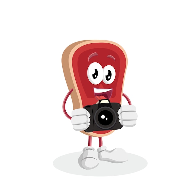 La mascota del logotipo de la carne con la pose de la cámara