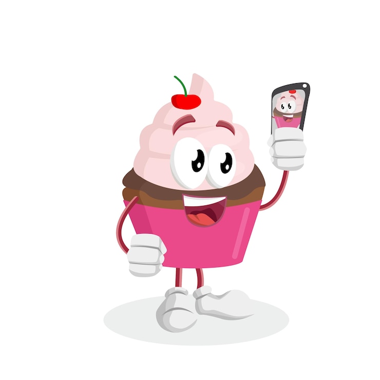 Vector la mascota del logotipo de cupcake con pose de selfie