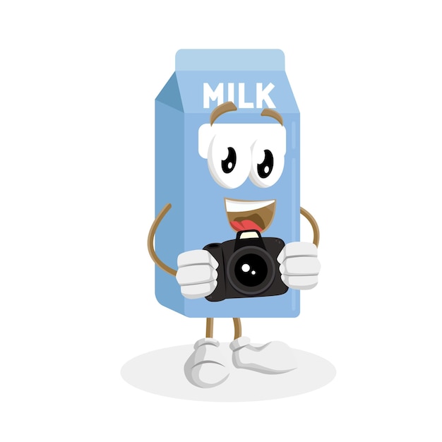 La mascota del logotipo de la leche con la pose de la cámara
