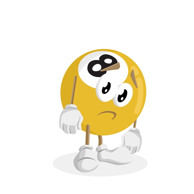La mascota del logotipo de la pelota de billar tiene una postura triste.