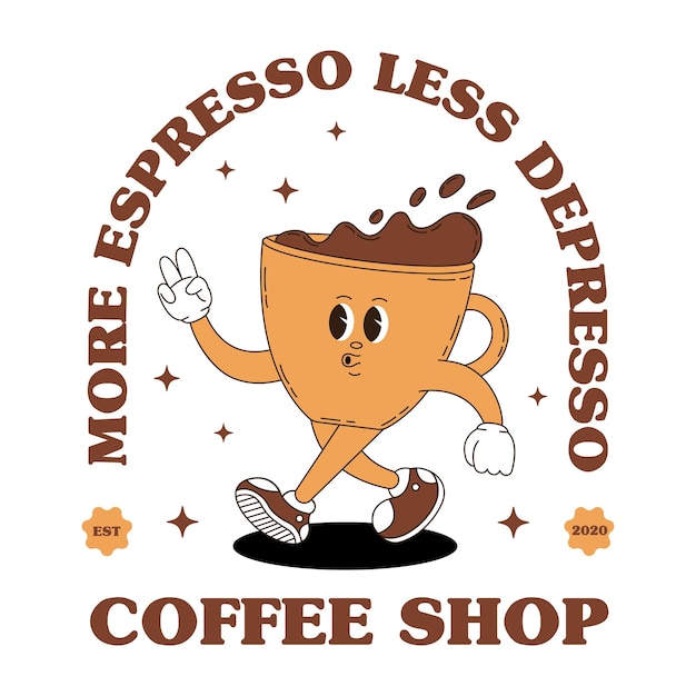 Mascota del logotipo retro con café Mascota de la comida Groovy para el menú de la cafetería y más