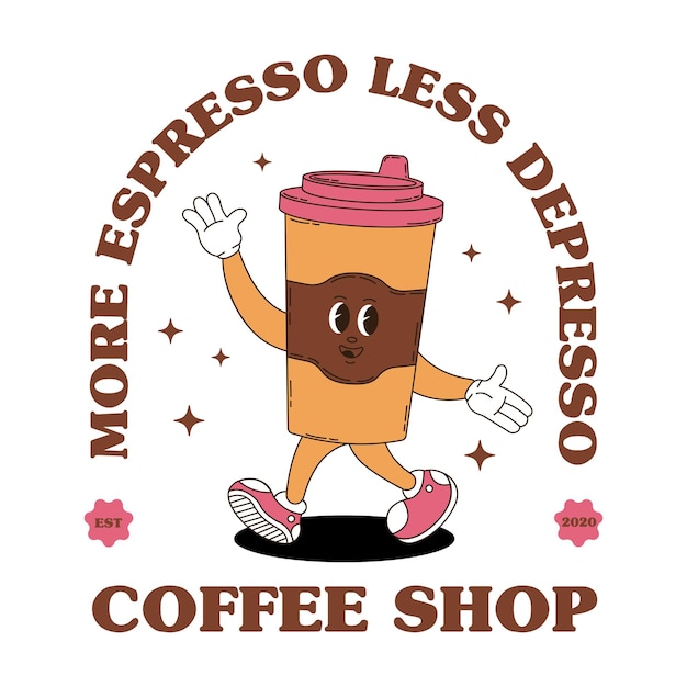 Mascota del logotipo retro con café Mascota de la comida Groovy para el menú de la cafetería y más