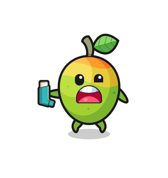 Mascota de mango que tiene asma mientras sostiene el lindo diseño del inhalador