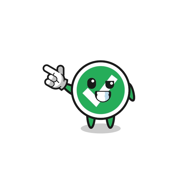 Mascota de marca de verificación apuntando arriba a la izquierda