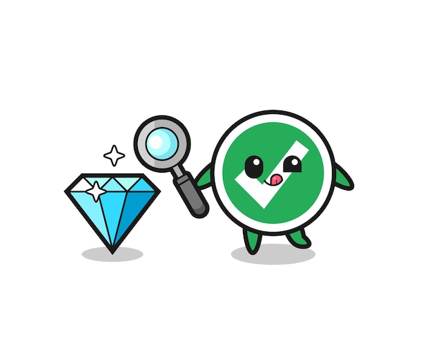 La mascota de la marca de verificación está comprobando la autenticidad de un diamante