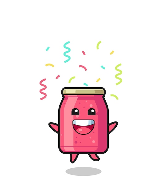 Mascota de mermelada de fresa feliz saltando para felicitaciones con confeti de color