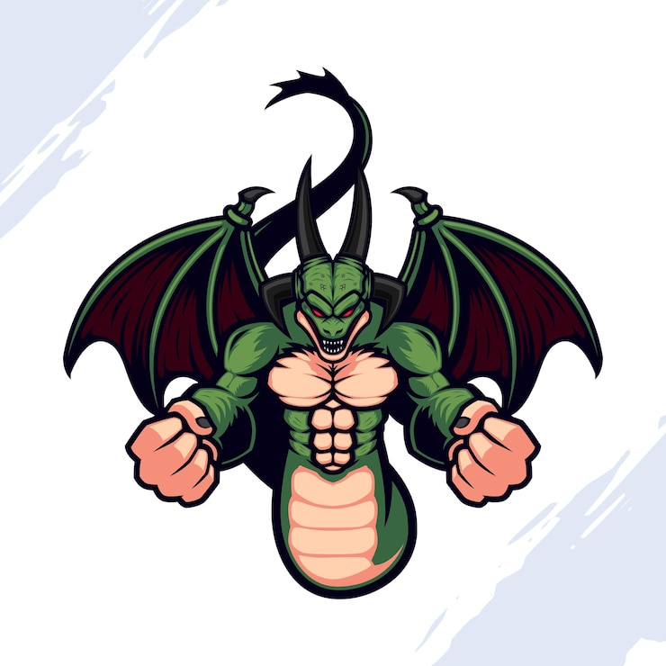 Vector mascota del monstruo dragón verde con una cola larga y alas rojas
