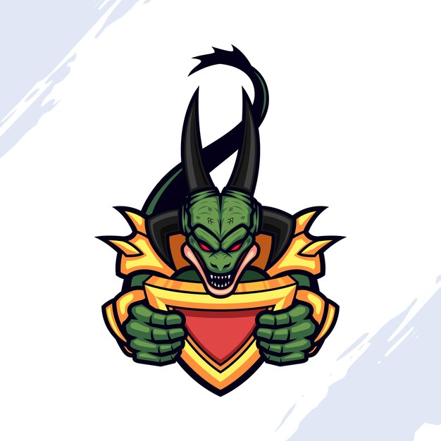 Mascota del Monstruo Dragón Verde con una cola larga y sosteniendo un escudo dorado